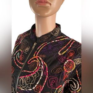 Keren Hart Vintage Full-Zip Front MockNeck Embroidered Jacket, Black Colorful |L